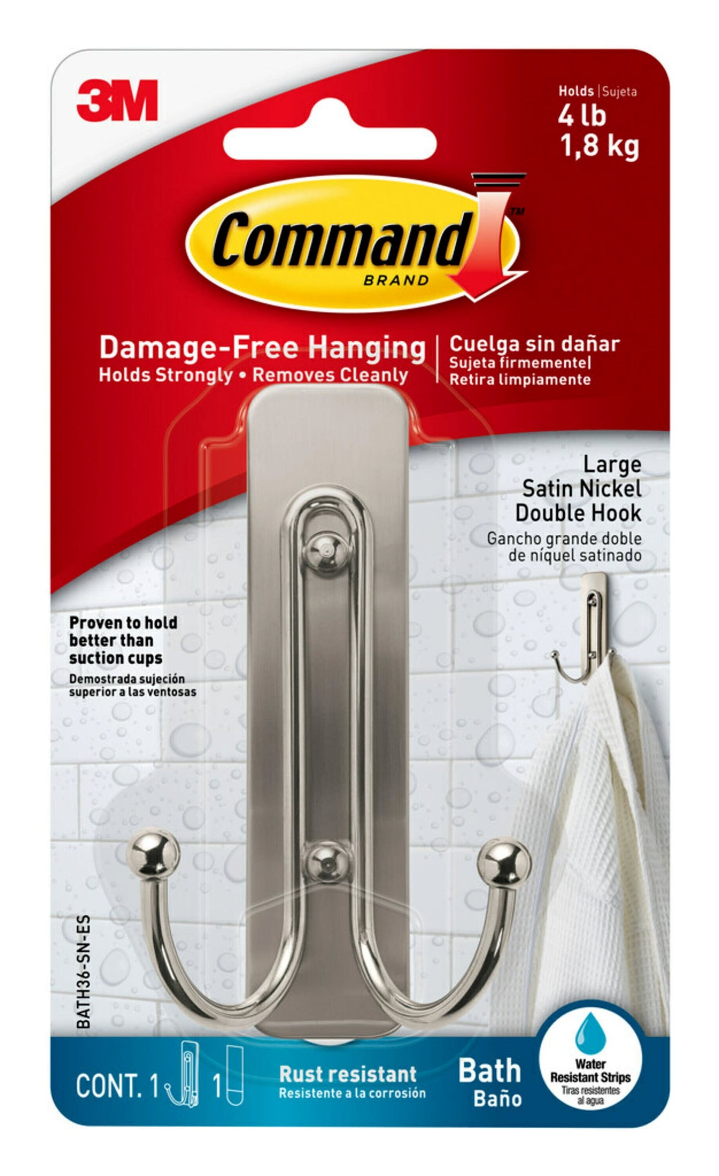 Command Bath Small Hooks, Satin Nickel, 2 Wall Hooks and Command Large Double Bathroom Wall Hook, Satin Nickel