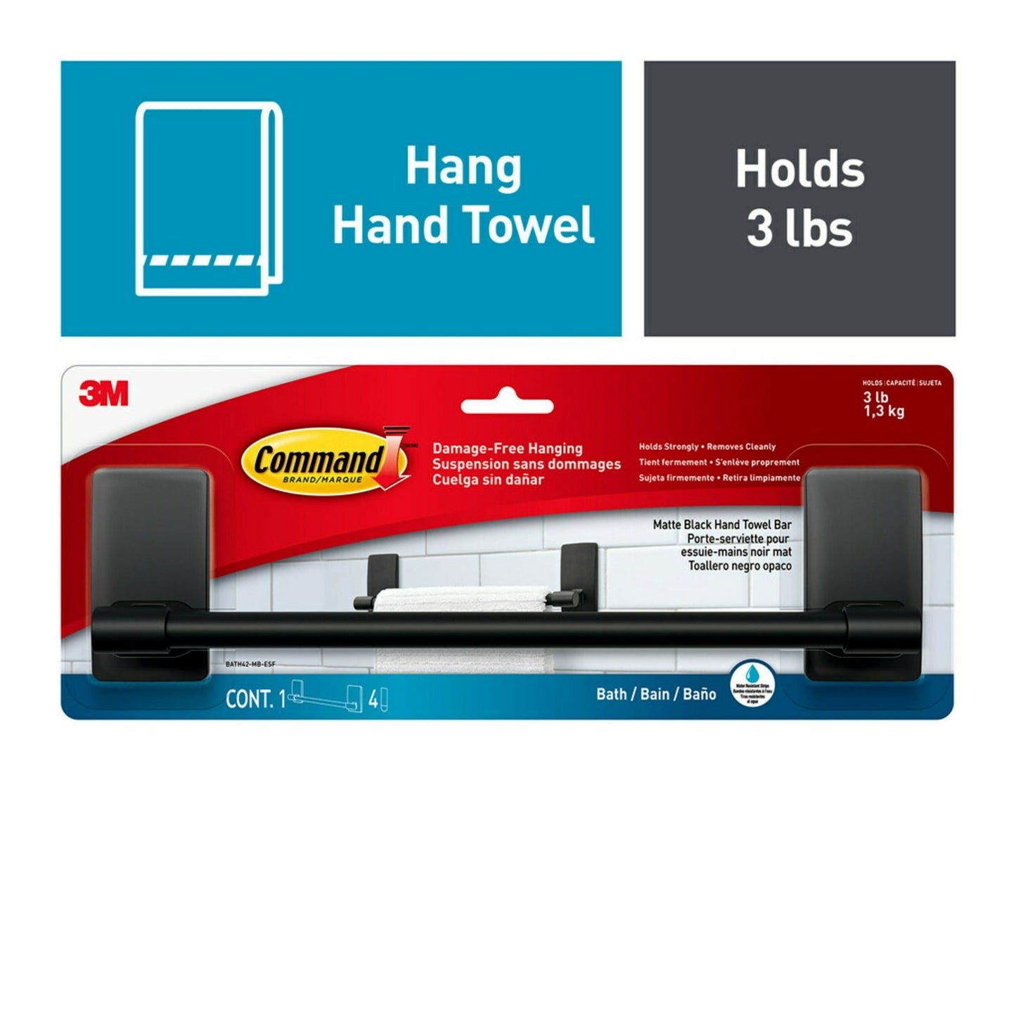 Command Bath Towel Bar Matte Black, Holds 3 lbs, Bathroom Organization, 4 Strips