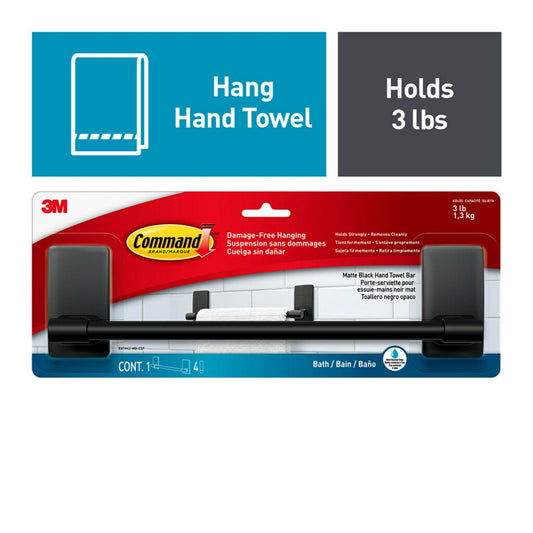 Command Bath Towel Bar Matte Black, Holds 3 lbs, Bathroom Organization, 4 Strips