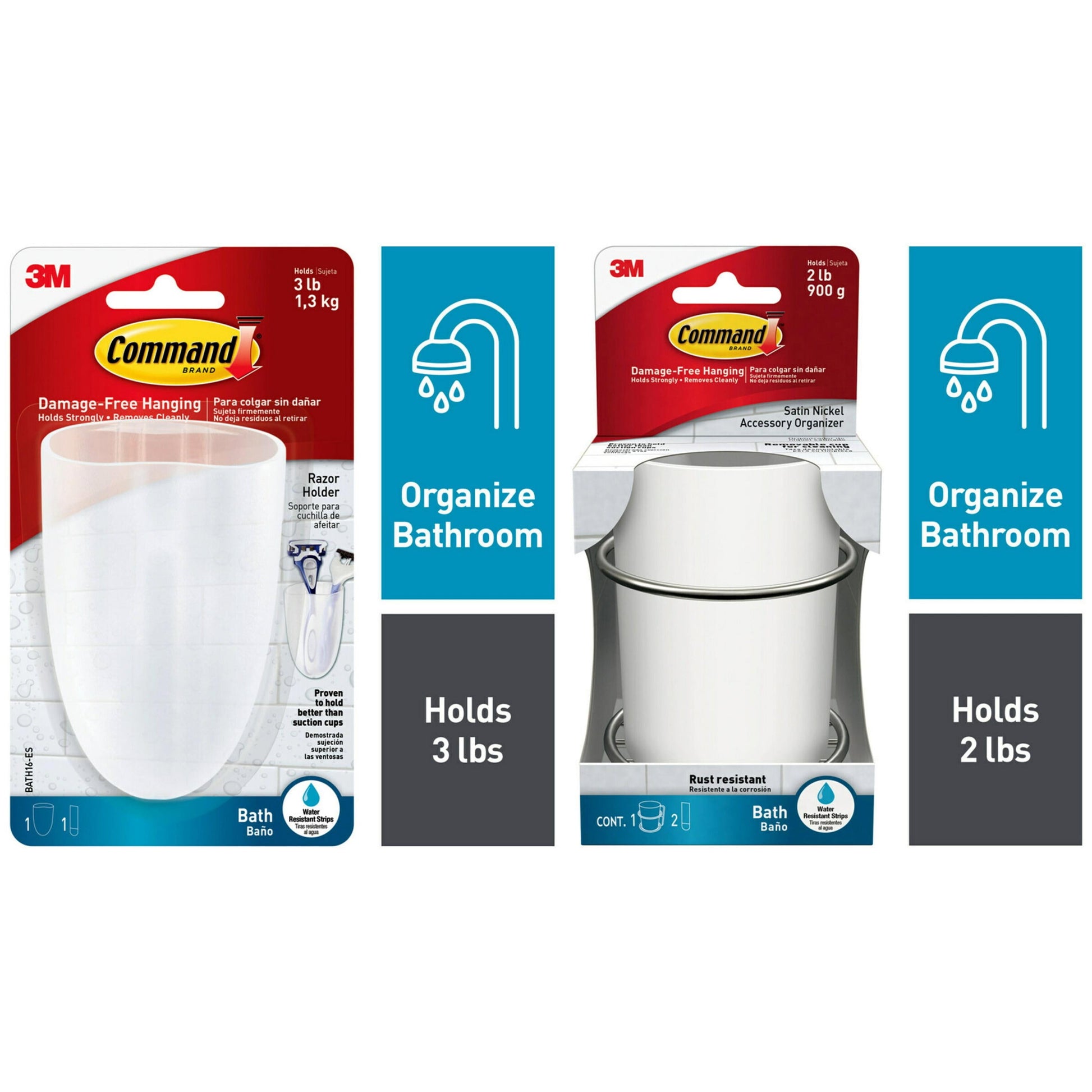 Command Bath White & Satin Nickel Accessory Toothbrush Organizer, 1 Organizer and Command Razor Holder, Frosted, Medium, 1 Holder