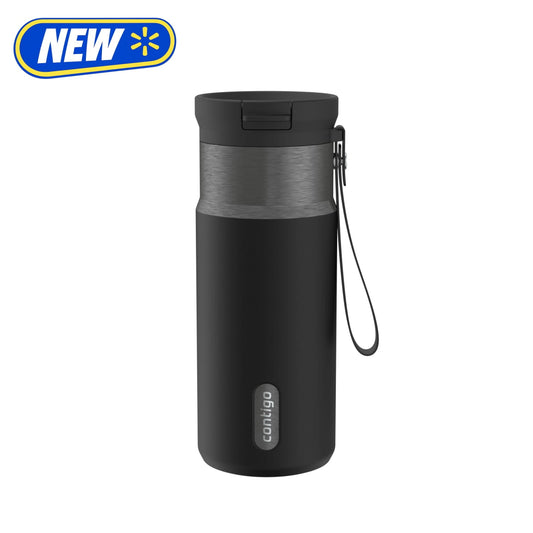 Contigo SnapSeal Leakproof Stainless Steel Reusable Water Bottle with Carrying Strap, Black/Silver, 16 oz