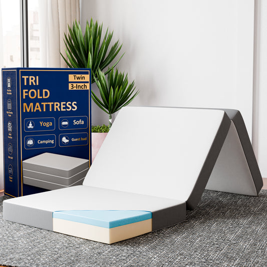 Continental Sleep, 3-Inch Tri-Folding Gel Memory Foam Portable Floor Mattress, Breathable Mesh, Ultra Soft, Removable and Washable Cover, Comfortable Support, Twin, White
