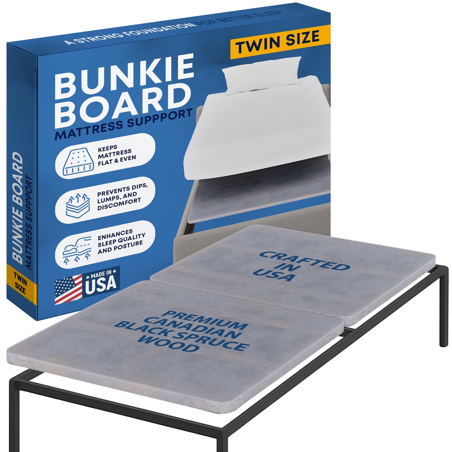 Continental Sleep, 38MM Wood Bunkie Board for Twin Size Bed - Under Mattress Support Board, Fully Assembled, Fabric Ventilation Cover - Replaces Wooden Slats or Box Spring for Bed Frames