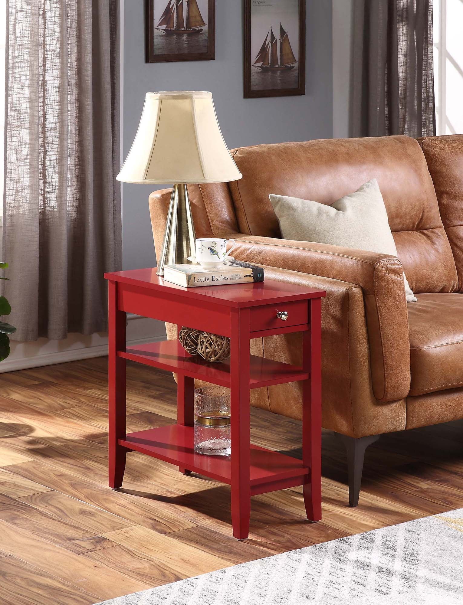 Convenience Concepts American Heritage 1 Drawer Chairside End Table with Shelves, Cranberry Red