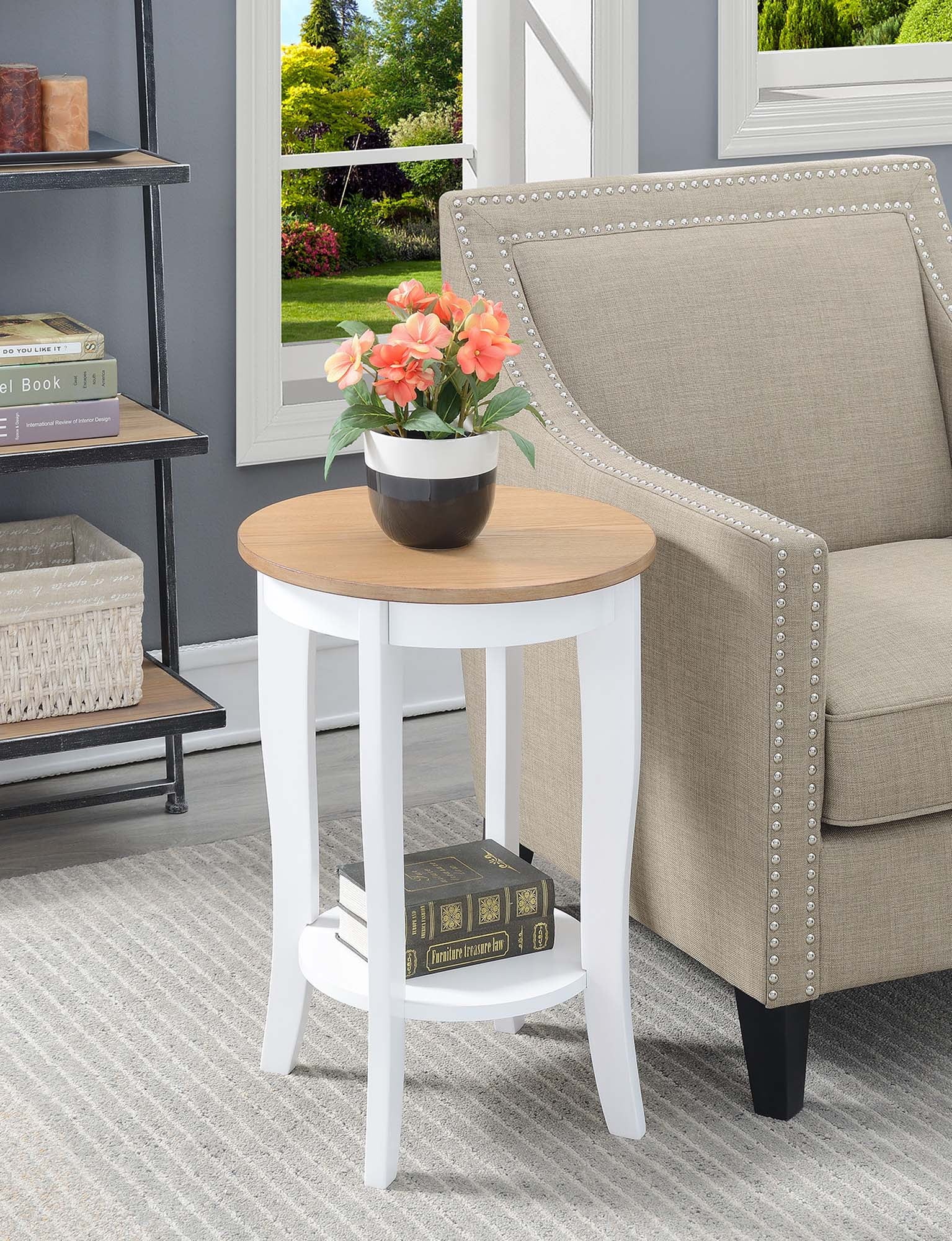 Convenience Concepts American Heritage Round Coffee Table with Shelf, Driftwood/White