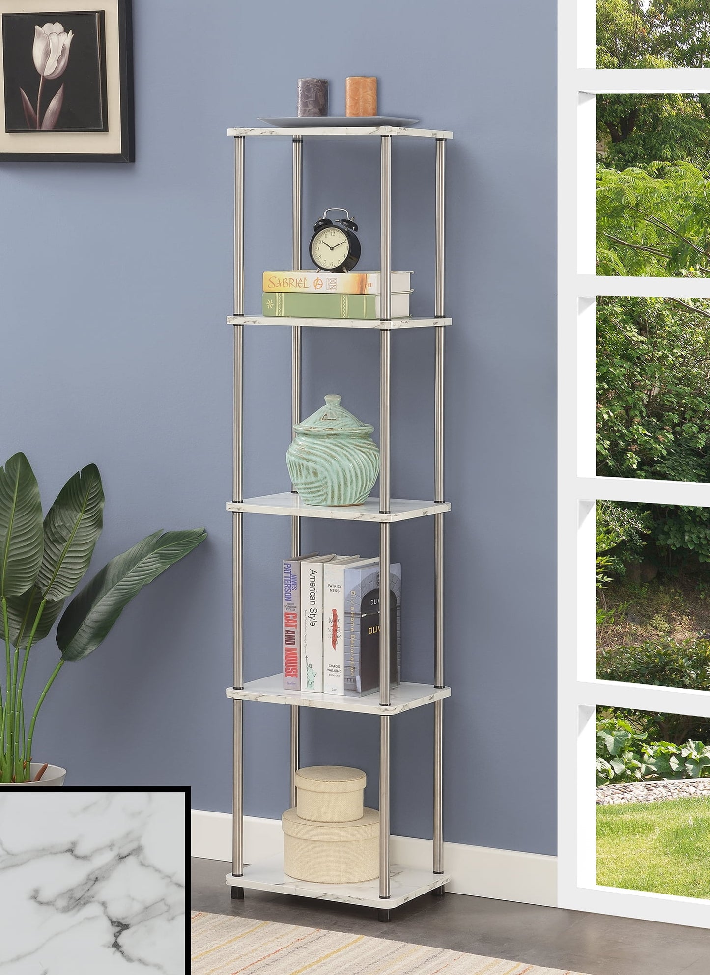 Convenience Concepts Designs2Go No Tools 5 Tier Tower, White Faux Marble/Chrome