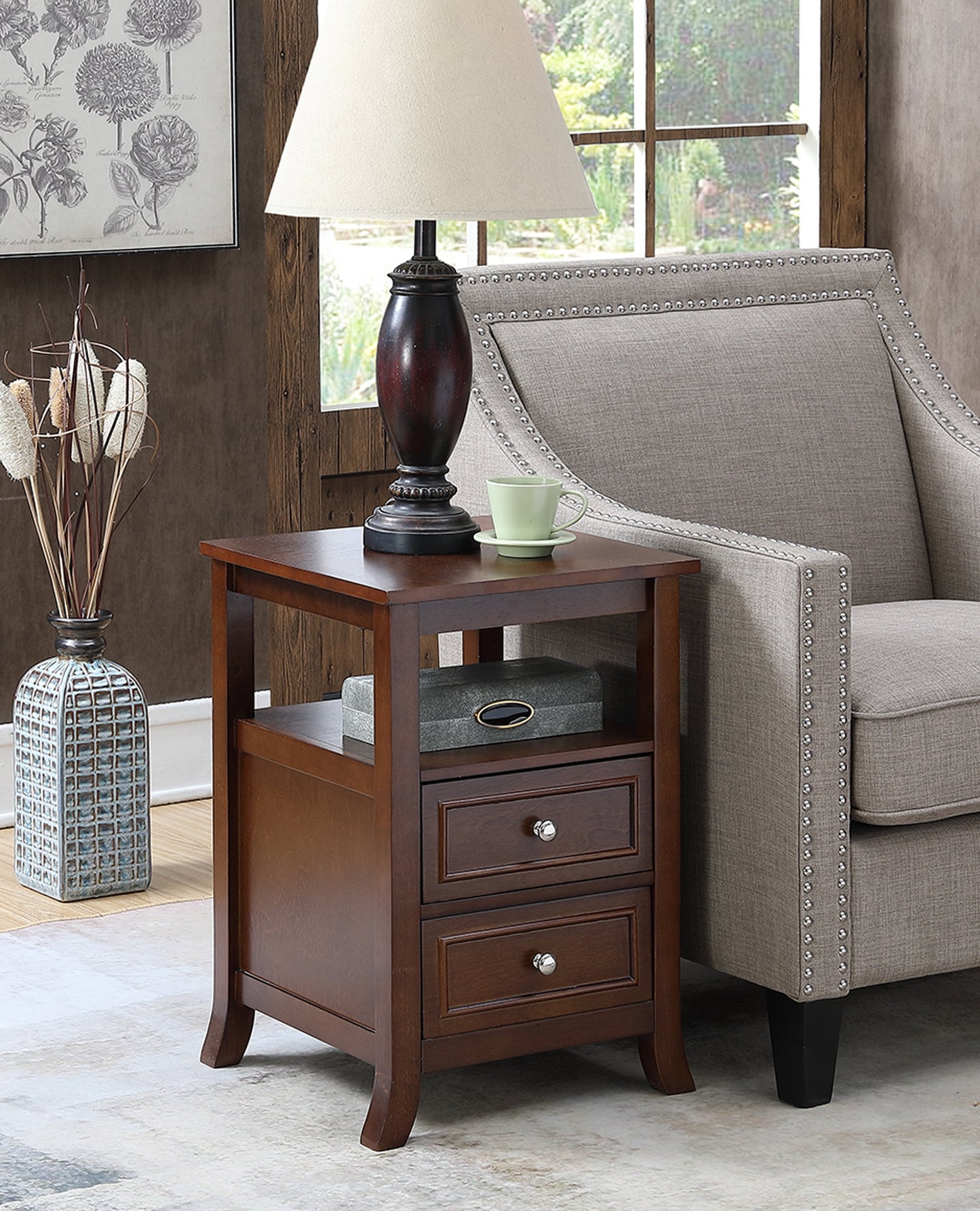 Convenience Concepts Melbourne 2 Drawer End Table with Shelf, Mahogany