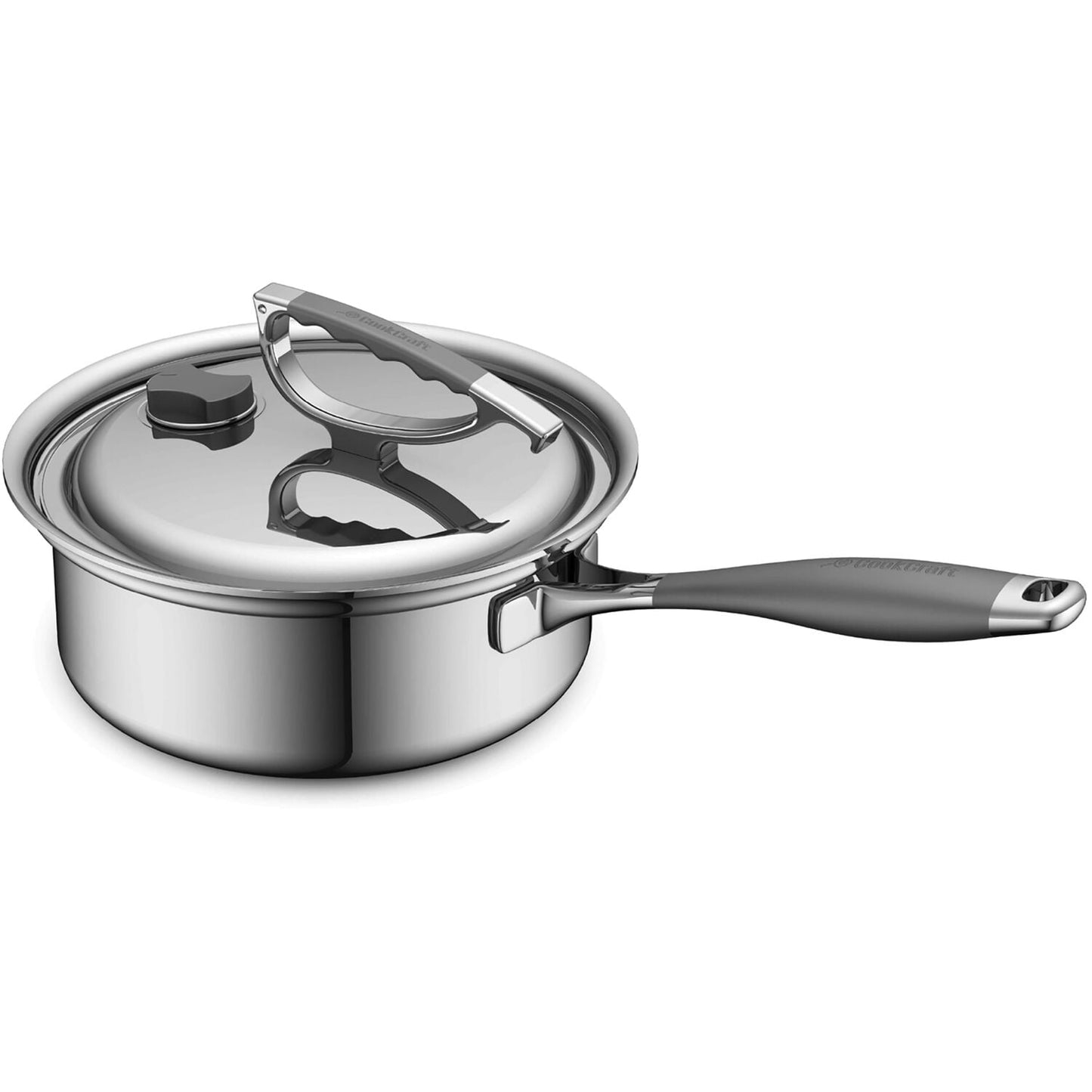 CookCraft Original 3-Qt. Tri-Ply Stainless Steel Sauce Pan featuring Silicone Handles and Convenient Lid with Patented Rim Latch