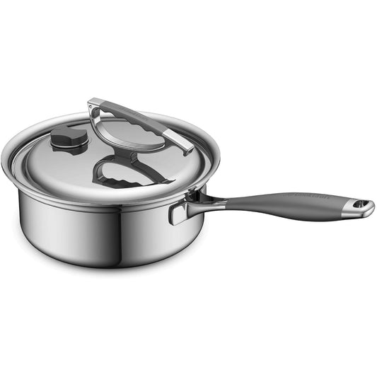 CookCraft Original 3-Qt. Tri-Ply Stainless Steel Sauce Pan featuring Silicone Handles and Convenient Lid with Patented Rim Latch