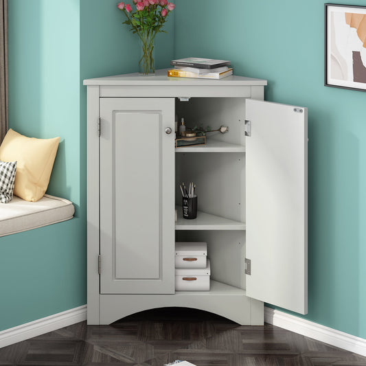 Corner Cabinet Storage Wooden Triangle Bathroom Storage Cabinet with Adjustable Shelves and Two Doors for Kitchen, Living Room and Hall Grey