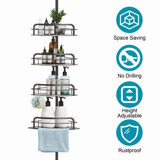 Corner Shower Caddy Tension Pole, Quick Setup, Rust-Free Bathroom Shower Organizer Corner for Bathtub Shampoo Storage, 4-Tier Adjustable Shelf, Drill Free, Fits 8.66 to 116 Inch Height, Black