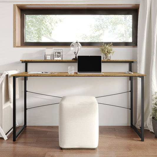 Castle Place Minimalist 55" Metal Computer Desk With Shelf, Light Oak