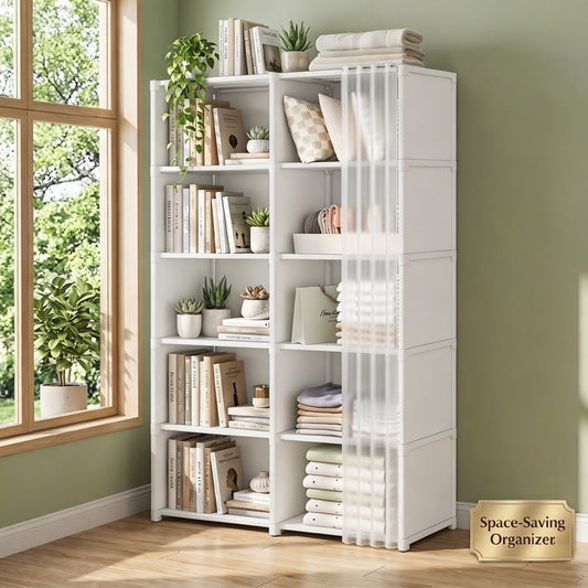 Cube Storage Organizer with Sliding Dustproof Curtain, 5-Tier DIY Freestanding Bookshelf & Closet Wardrobe, Translucent Cover Storage Cabinet for Bedroom, Living Room, Office,Black