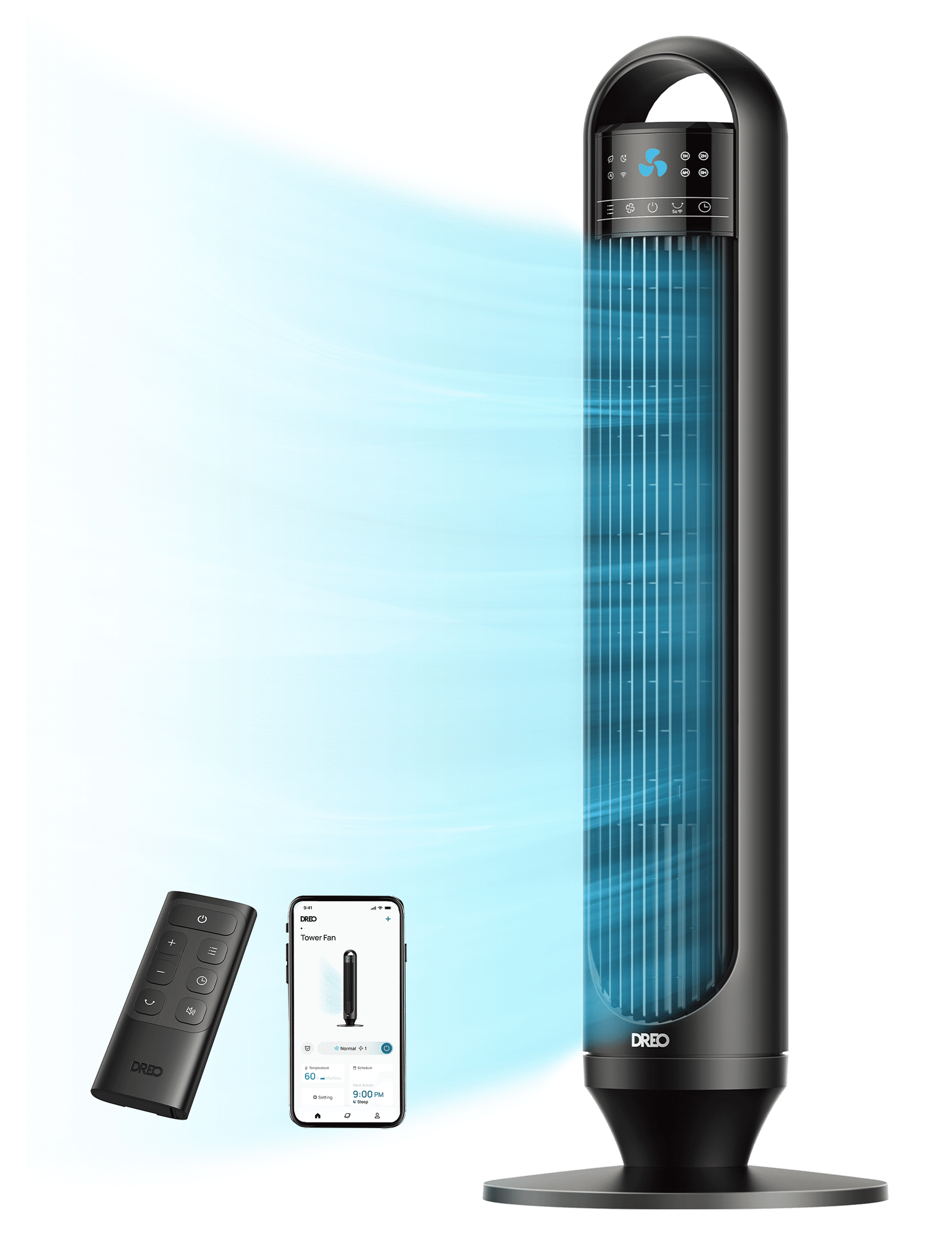 DREO 32-Inch Smart Tower Fan for Home, 26 ft/S Bladeless Fan with Remote, 90Â° Oscillating, 3 Modes, 3 Speeds, LED Display, 8H Timer, Quiet Room Fan