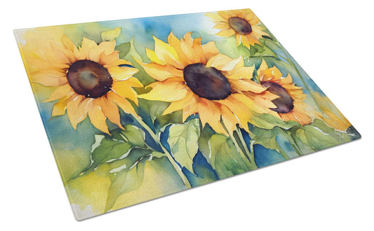 Daffodils in Watercolor Glass Cutting Board Large 12 in x 15 in