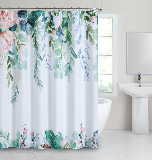 Dainty Home Multicolor Floral Fabric Shower Curtain with 12 Metal Rollerball Hooks â€“ 3D Textured Design, Water-Repellent, Machine-Washable Bathroom Curtain, 70" x 72"