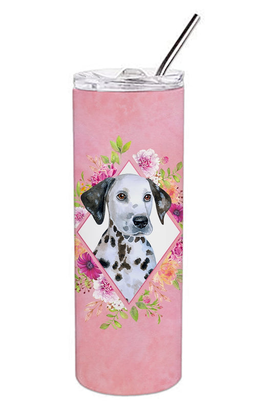 Dalmatian Puppy Pink Flowers Double Walled Stainless Steel 20 oz Skinny Tumbler
