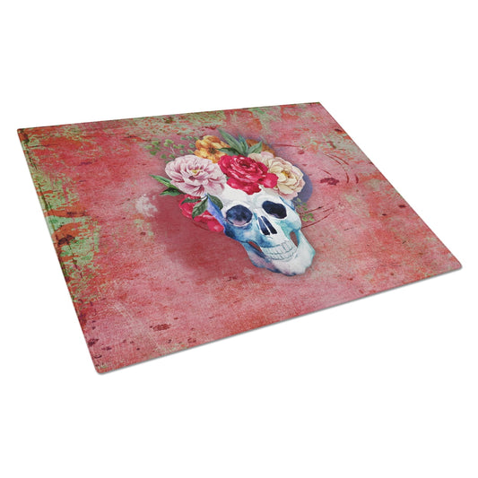 Day of the Dead Red Flowers Skull Glass Cutting Board Large