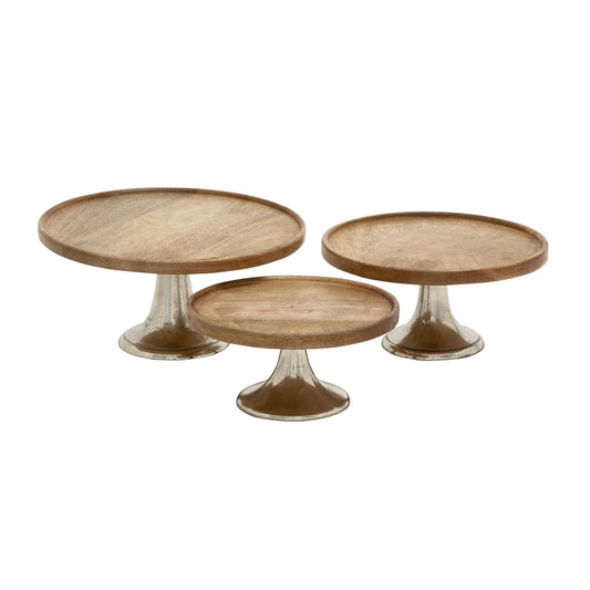 DecMode 10", 12", 14"W Brown Mango Wood Decorative Stand with Silver Aluminum Cone Base, 3-Pieces
