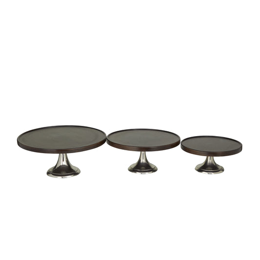 DecMode 14", 12", 10"W Dark Brown Mango Wood Cake Stand with Aluminum Bases, 3-Pieces