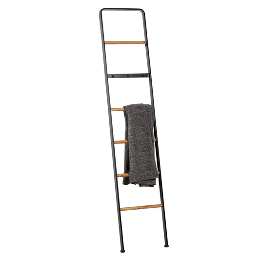 DecMode 15" x 72" Black Metal Slim 3 Hook Ladder with 5 Brown Wood Rungs, 1-Piece