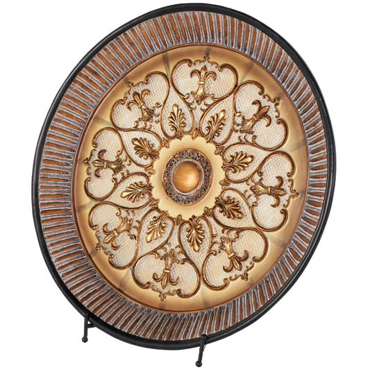 DecMode 16" Round Scroll Embossed Detail Gold Polystone Charger with Stand