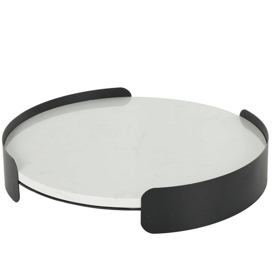 DecMode 16" x 16" White Marble Round Tray with Black Metal Frame, 1-Piece