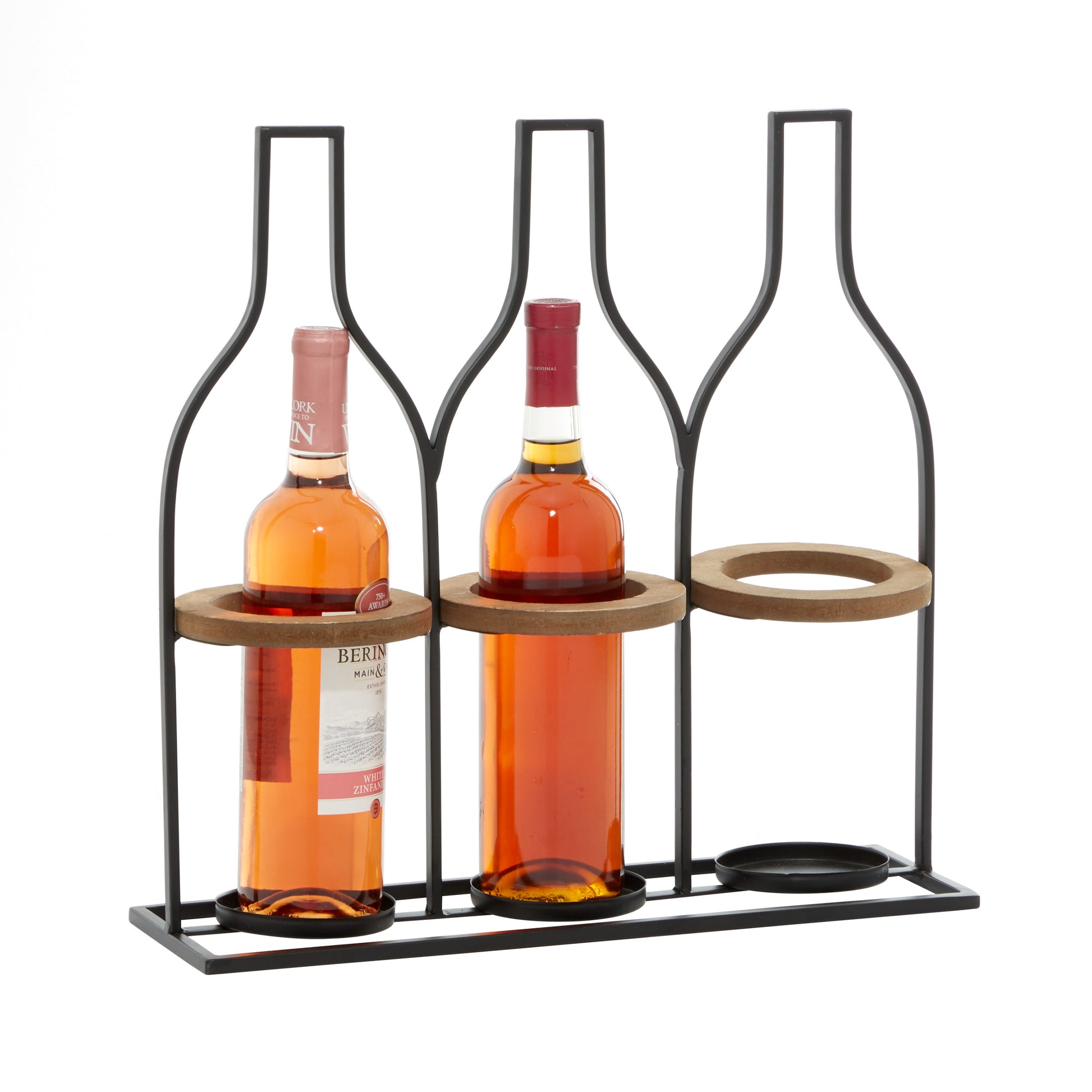 DecMode 17" x 16" Black Metal Bottle Shaped 3 Bottles Wine Holder, 1-Piece