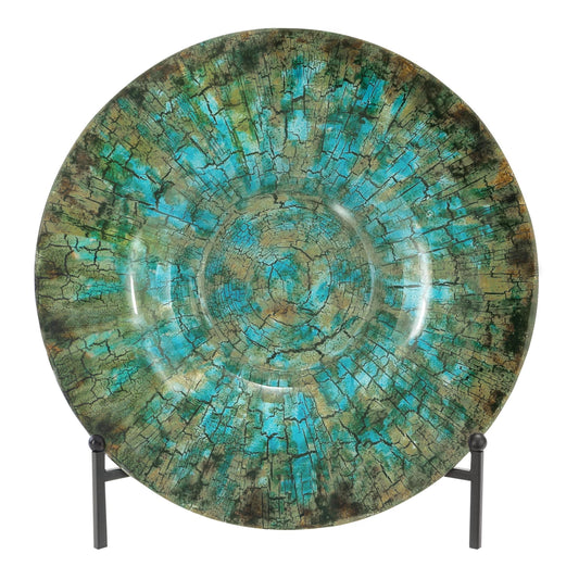 DecMode 18" Round Abstract Handmade Textured Plate Green Glass Charger with Black Display Stand