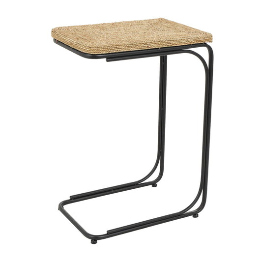 DecMode 18" x 26" Brown Dried Plant Handmade Coiled C-Shaped Accent Table with Black Metal Legs, 1-Piece