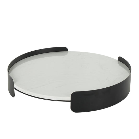 DecMode 19" x 19" White Marble Round Tray with Black Metal Frame, 1-Piece