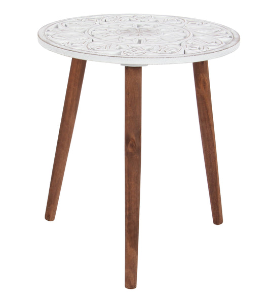DecMode 19" x 21" White Wood Handmade Intricately Carved Floral Accent Table with 3 Slender Legs, 1-Piece