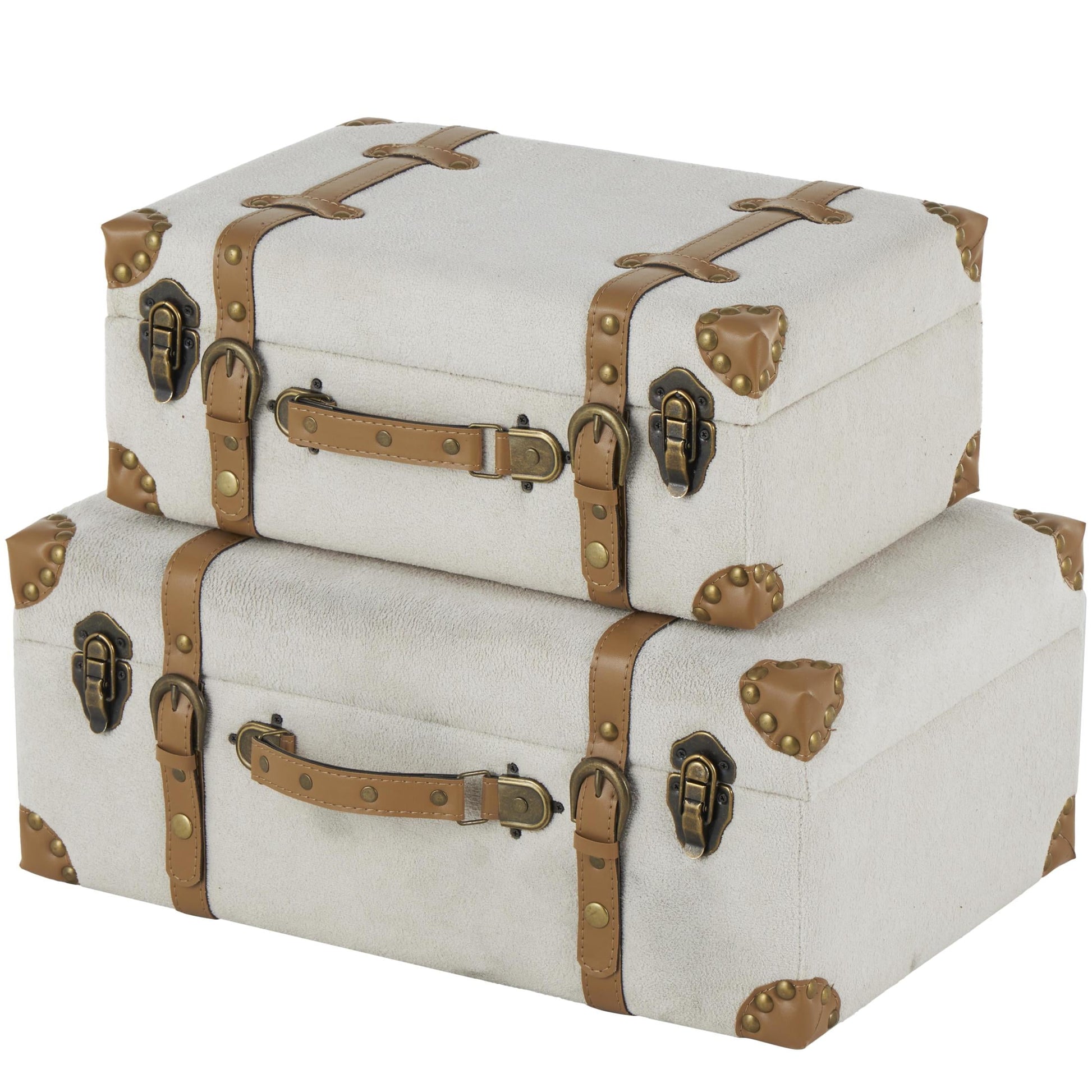 DecMode 20" x 9" Light Gray Wooden Vintage Storage Trunk with Brown Leather Accents and Bronze Latches, 2-Pieces