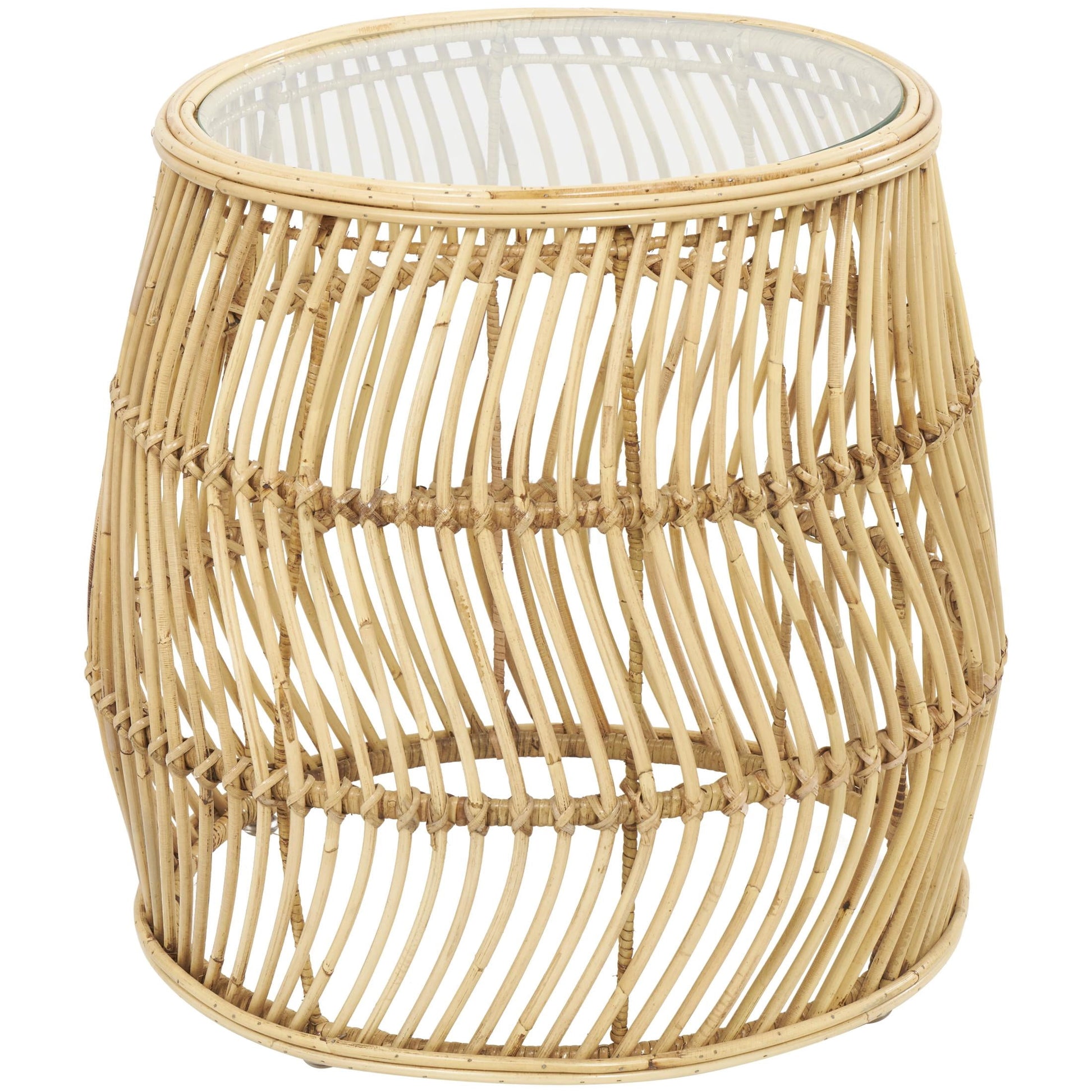 DecMode 21" x 21" Brown Rattan Handmade Wavy Woven Accent Table with Glass Top, 1-Piece