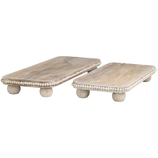 DecMode 23", 18"W Light Brown Mango Wood Beaded Tray with Large Ball Feet, 2-Pieces