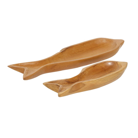 DecMode 24", 16"W Brown Teak Wood Handmade Fish Tray, 2-Pieces