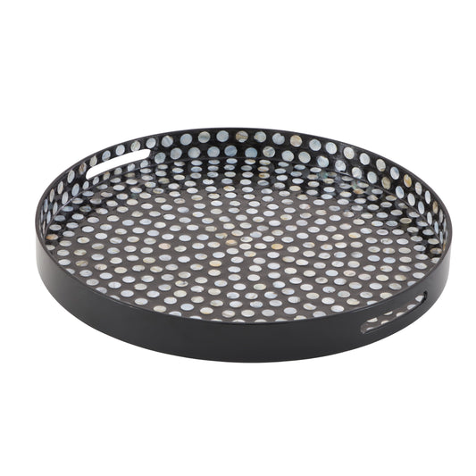 DecMode 24" x 24" Black Mother of Pearl Shell Handmade Nautical Tray with Slot Handles, 1-Piece