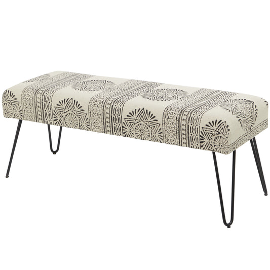 DecMode Metal Floral Bench with Metal Hairpin Legs, White