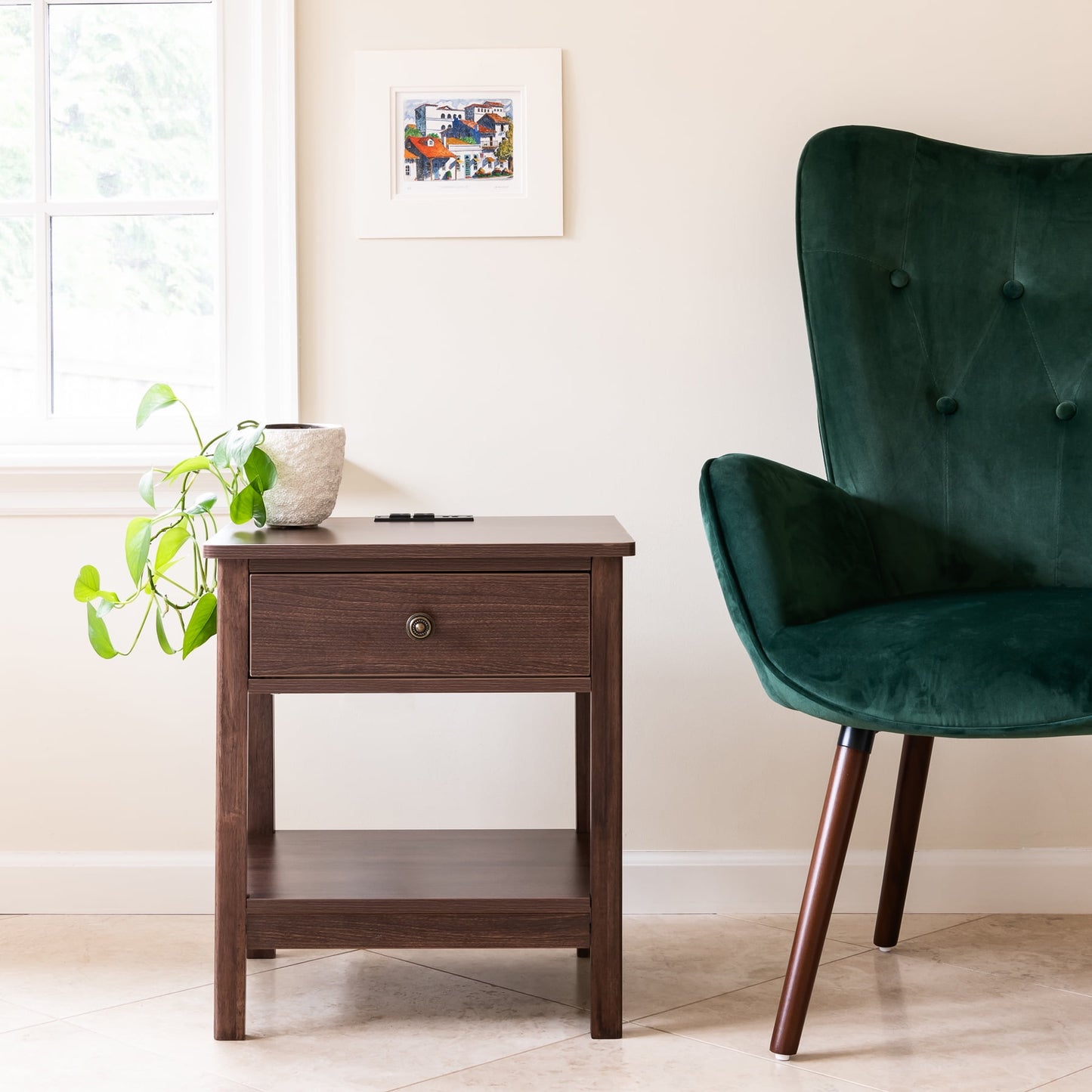 DecorTech Traditional Rectangular End Table with AC Power and USB Charging Ports, Walnut