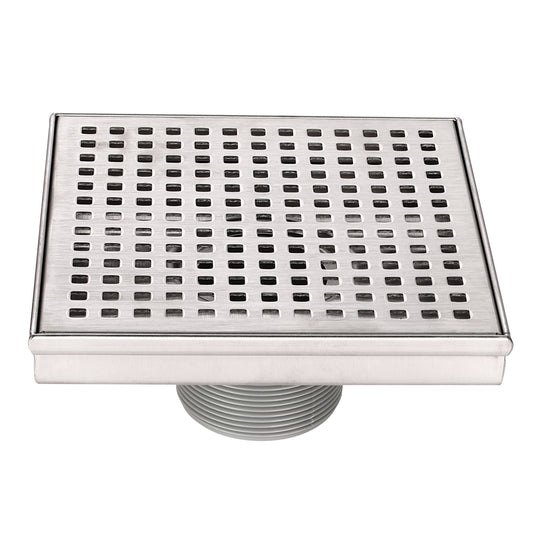 Stainless Steel 6 in. Square Shower Drain, Geometric Square Grate, 304 Stainless Steel, Debris Basket Included