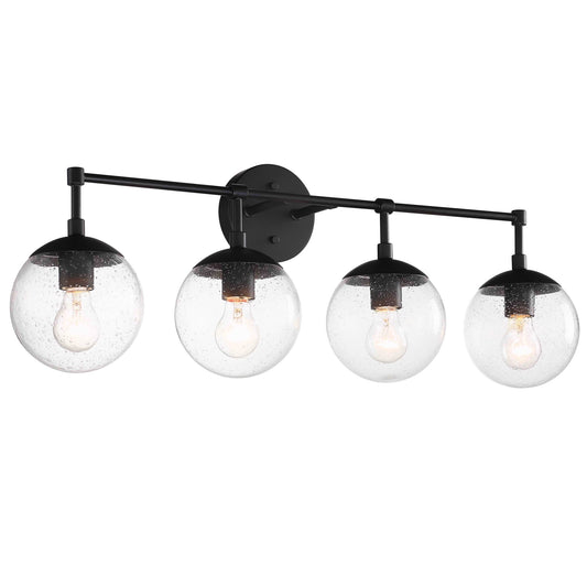 Matte Black 4-Light Bathroom Vanity Light, Clear Seedy Glass Globe Shades, Dimmable