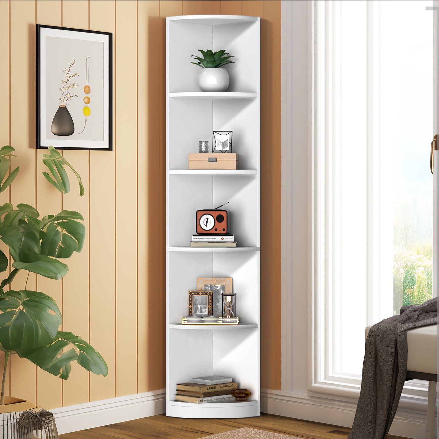 Dextrus 5-Tier Corner Bookcase, 70.8" Tall Modern Free Standing Corner Bookshelf, 5 Wooden Open Storage Book Shelves for Living Room Home Office White