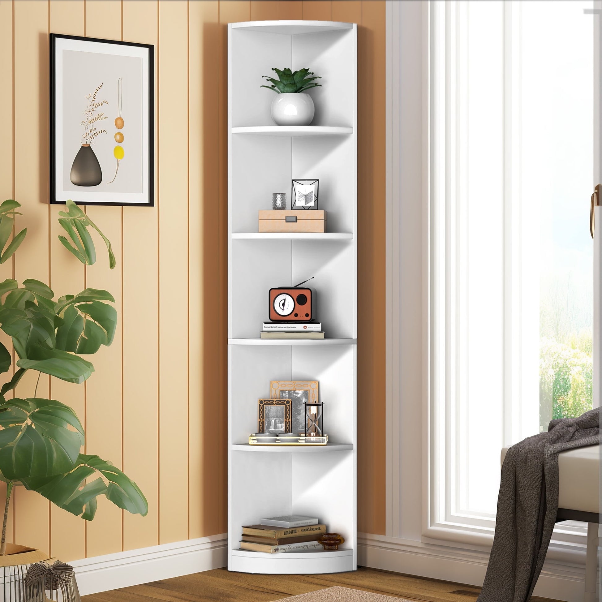Dextrus 5-Tier Corner Bookcase, 70.8" Tall Modern Free Standing Corner Bookshelf, 5 Wooden Open Storage Book Shelves for Living Room Home Office White