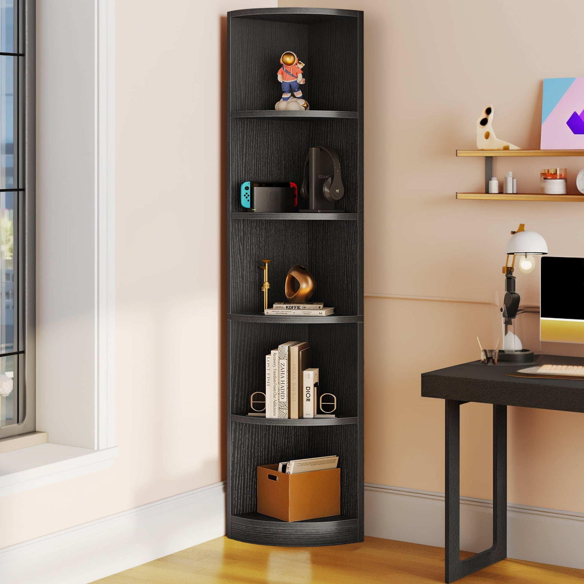 Dextrus 70.8" Corner Shelf, 5 Tier Corner Bookshelf and Bookcase, Modern Open Free Standing Shelving Unit Wooden Display Rack Storage Shelves for Bedroom, Living Room, Home Office, Black