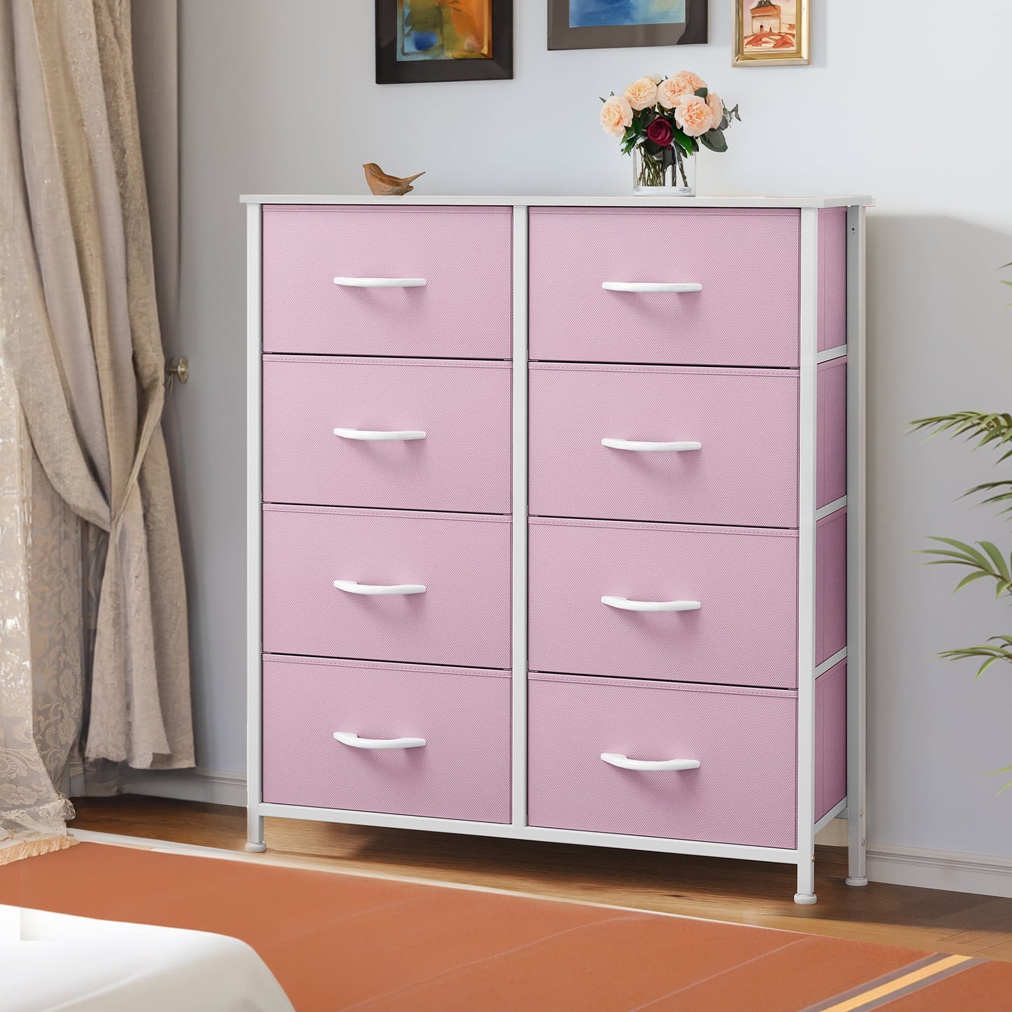 DEXTRUS Fabric Dresser for Adults, Tall 8-Drawer Storage Organizer for Bedroom, Pink
