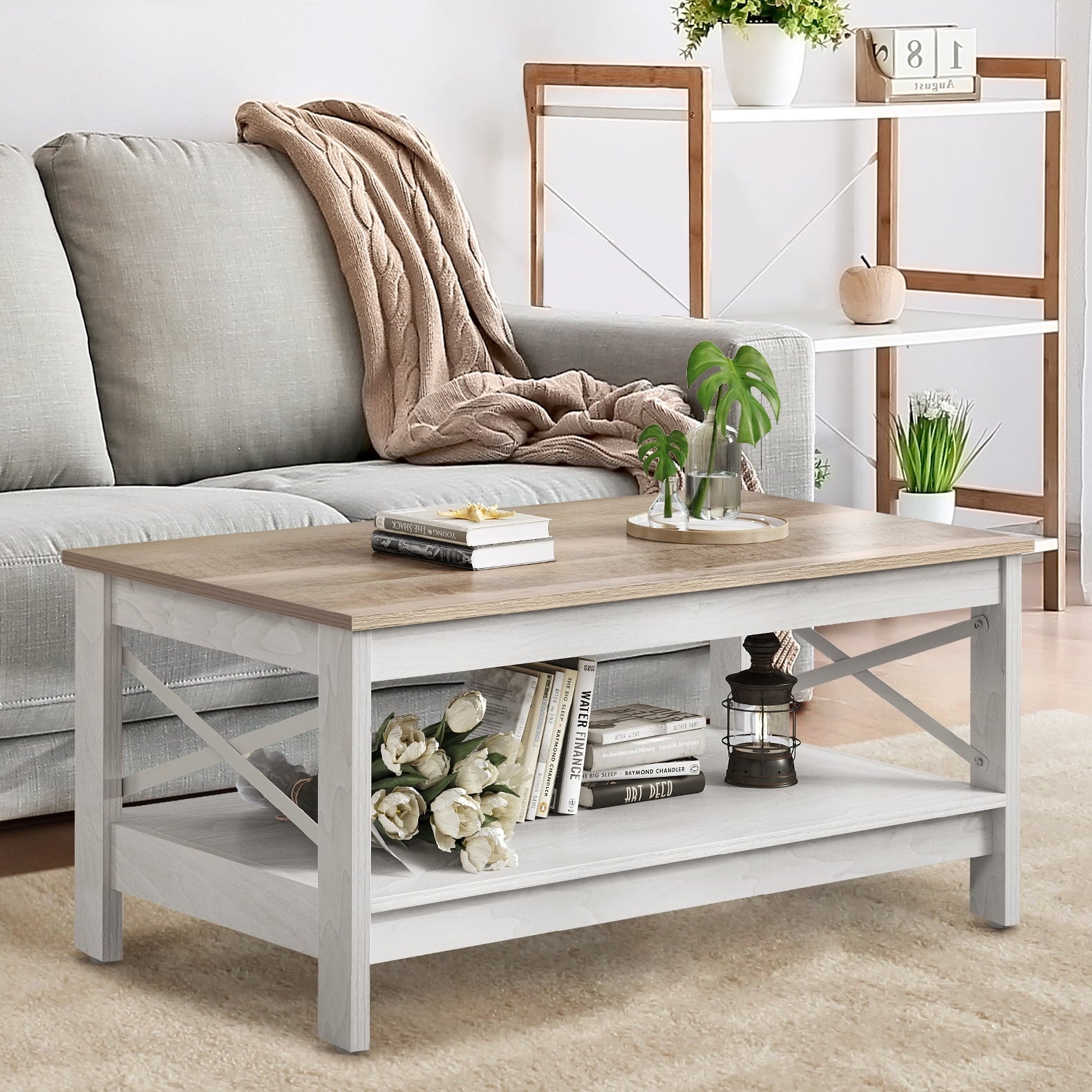 Dextrus Farmhouse Rustic Wood Coffee Table with Open Storage Shelf, Oak