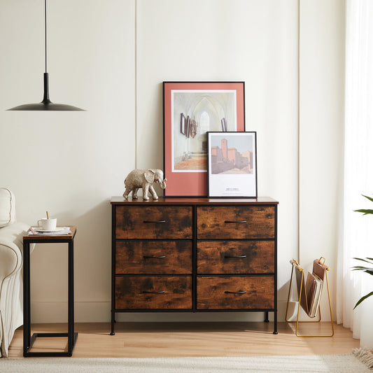 MAYEERTY 6 Drawers Dresser for Bedroom, Tall Fabric Closet Chests Organizer Tower Furniture with Wooden Top, Rustic
