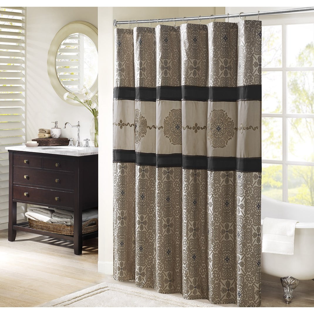 MAYEERTY Black Embroidered Shower Curtain with 12 pcs Hooks,72" x 72"