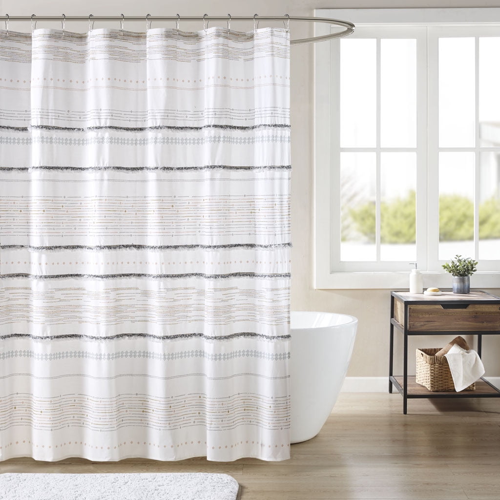 MAYEERTY Cotton Printed Shower Curtain, Off White+Grayï¼ŒBathroom Shower Curtains, 72" W x 72â€ H
