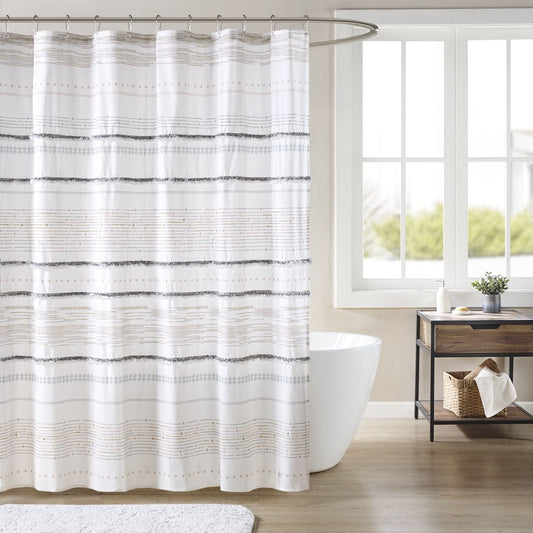 MAYEERTY Cotton Printed Shower Curtain, Off White+Grayï¼ŒBathroom Shower Curtains, 72" W x 72â€ H